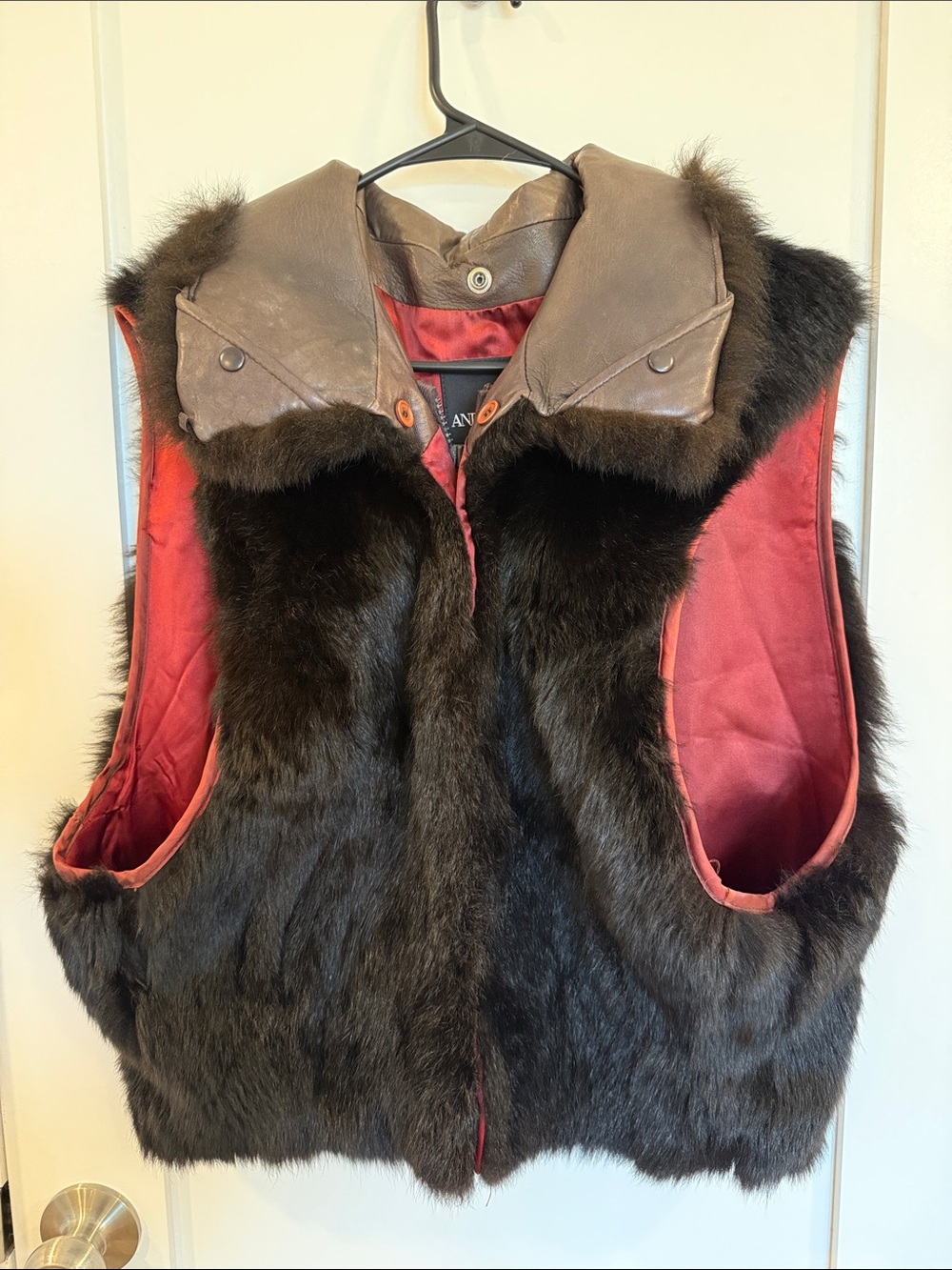 Vintage Andrew Marc Fur Vest with Leather Collar - Black & Red